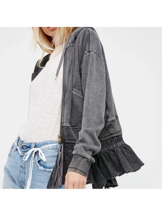 Free People When Worlds Meet Hoodie Large Gray Black Distressed Zip Sweatshirt - Picture 4 of 15